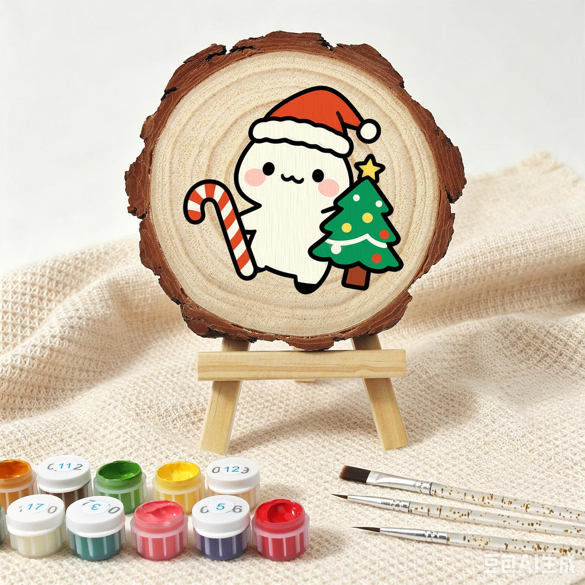 Candy Cane Pal Beside a Tree paint by numbers wood slice – image 4