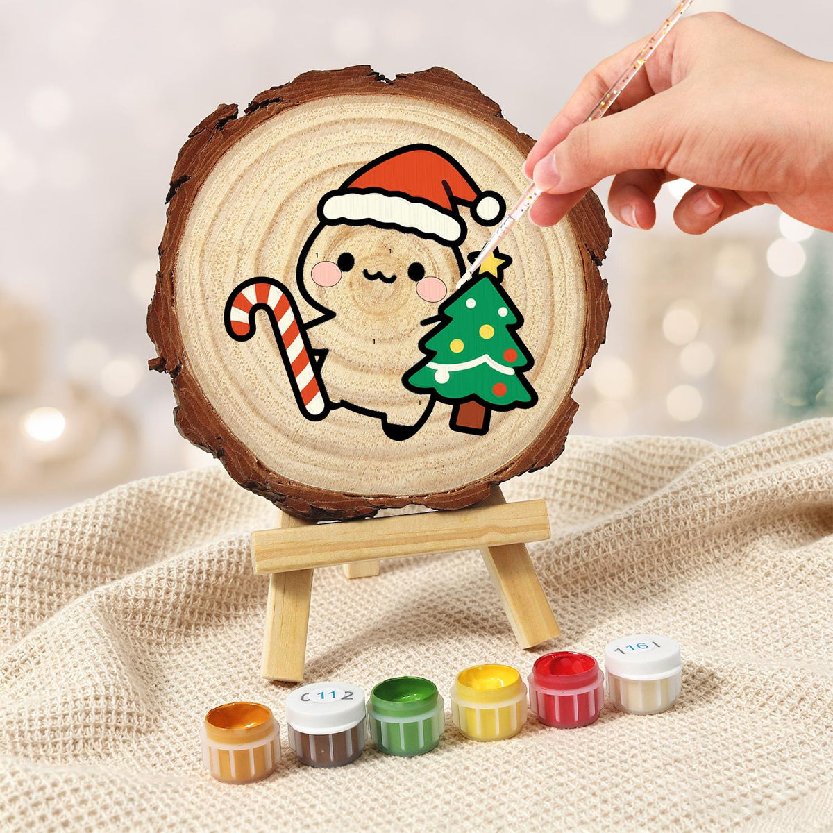 Candy Cane Pal Beside a Tree paint by numbers wood slice – image 5