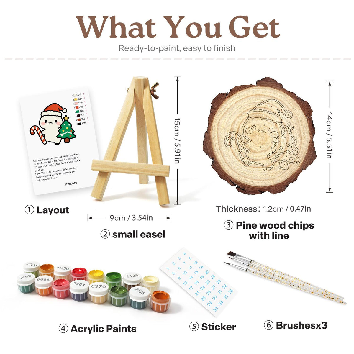 Candy Cane Pal Beside a Tree paint by numbers wood slice – what's in the kit: the pine slice, easel, numbered paints, brushes and layout sheet