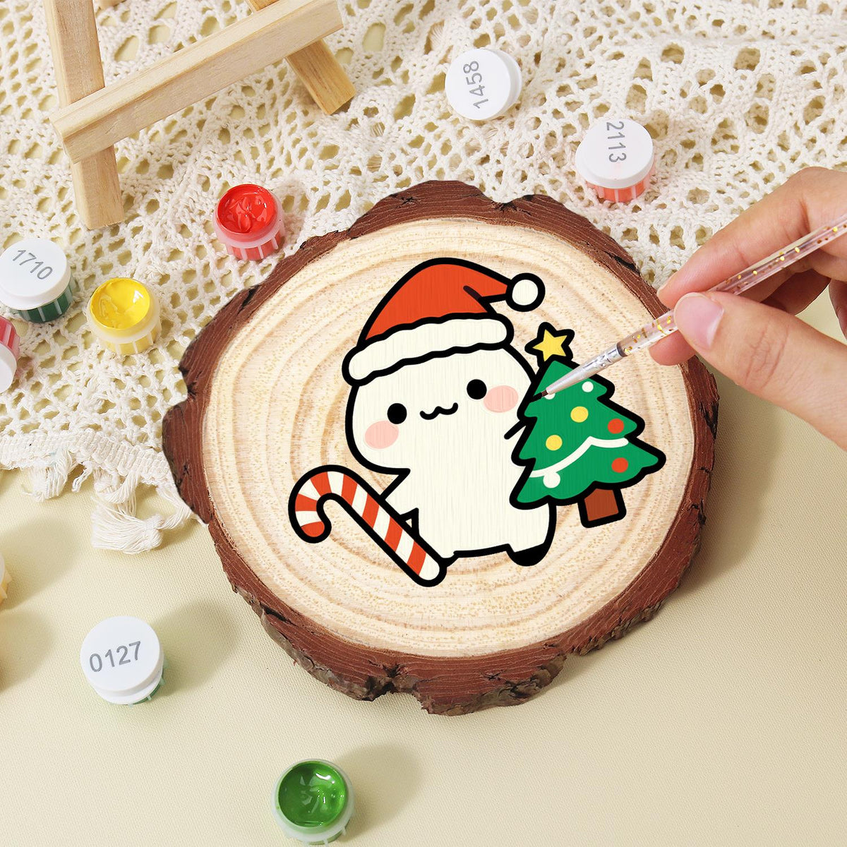 Candy Cane Pal Beside a Tree paint by numbers wood slice – image 15