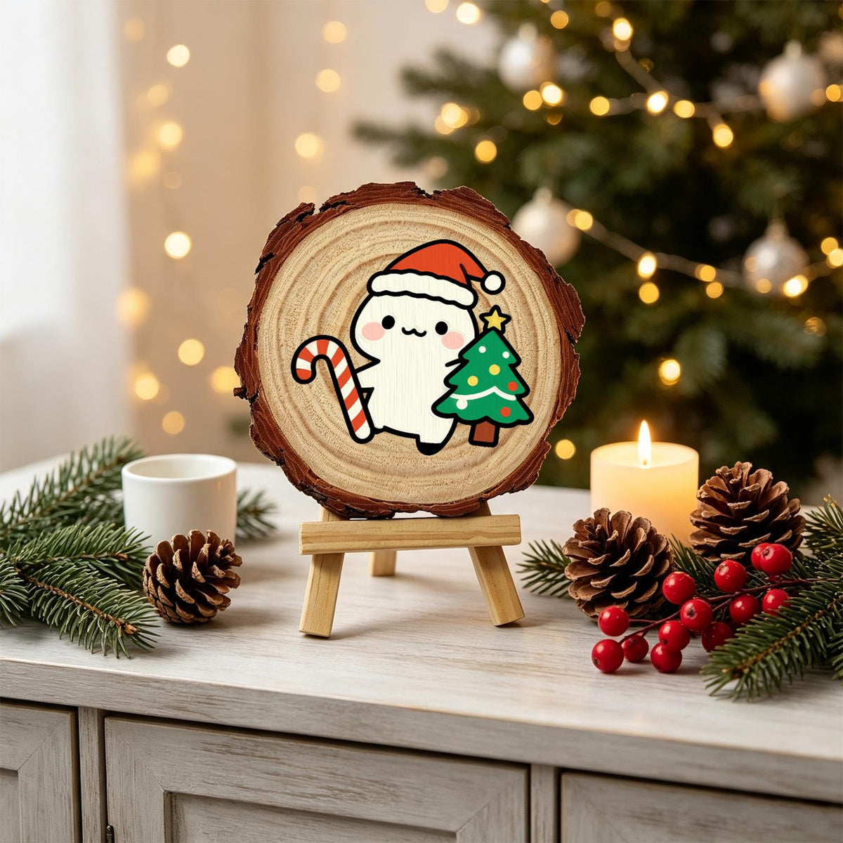 Candy Cane Pal Beside a Tree paint by numbers wood slice – image 19