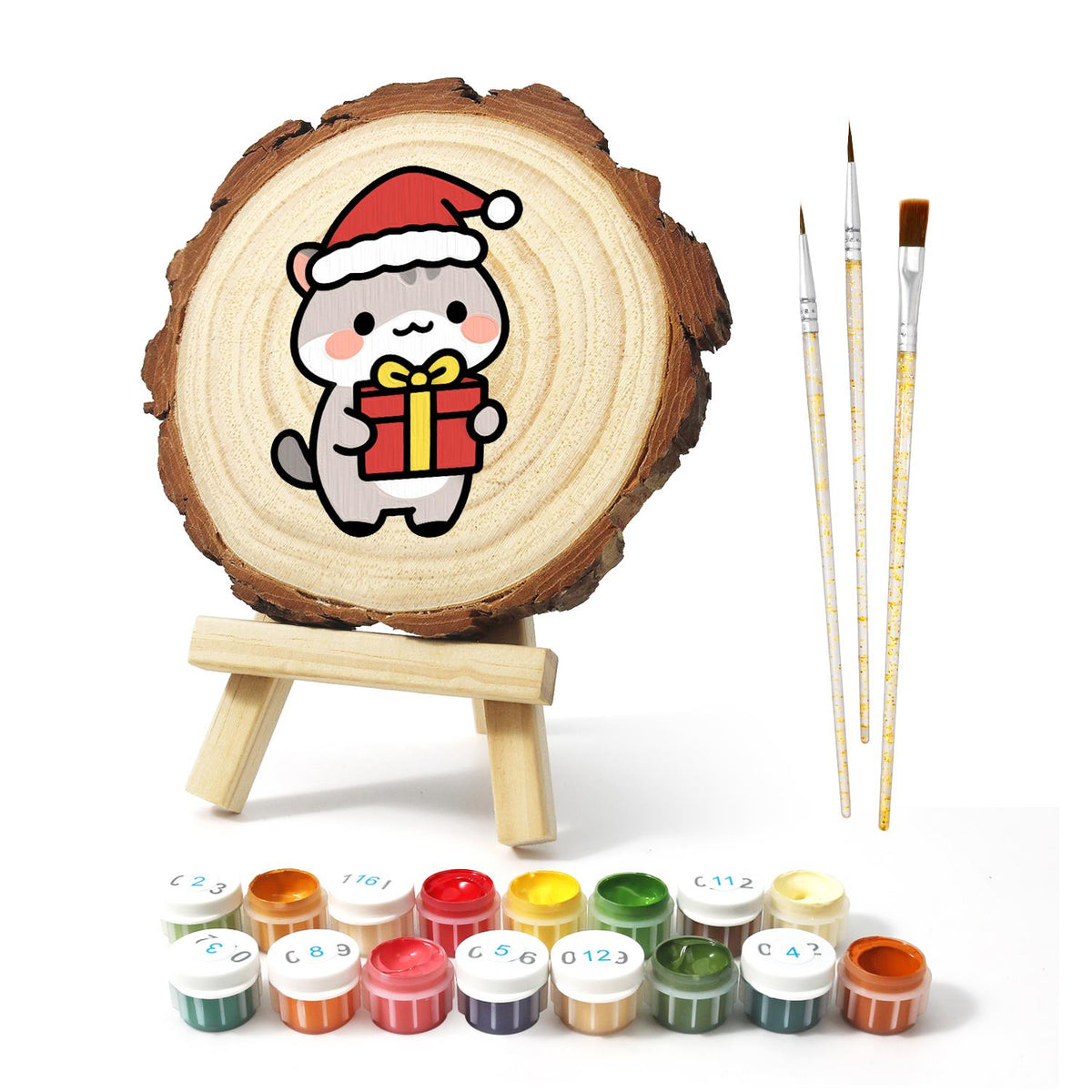 Grey Kitten Carrying a Gift paint by numbers wood slice – image 2