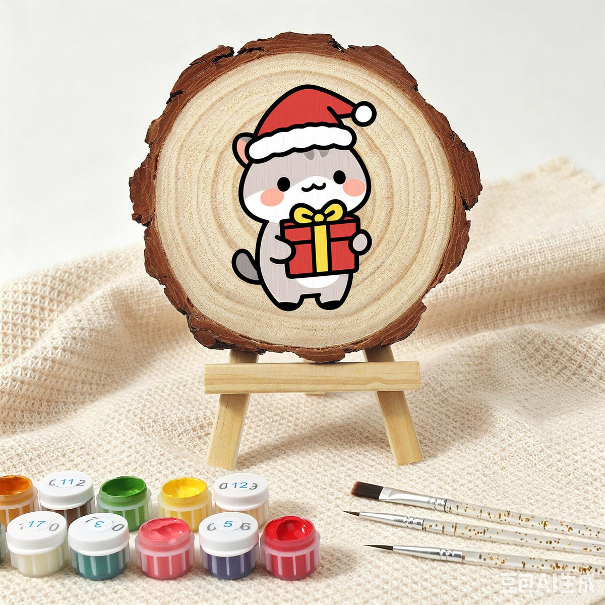 Grey Kitten Carrying a Gift paint by numbers wood slice – image 4