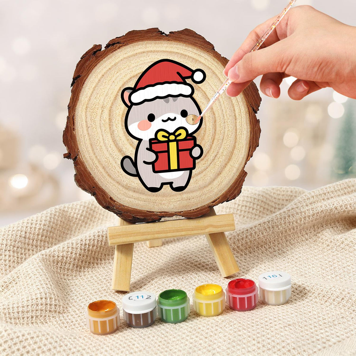 Grey Kitten Carrying a Gift paint by numbers wood slice – image 5