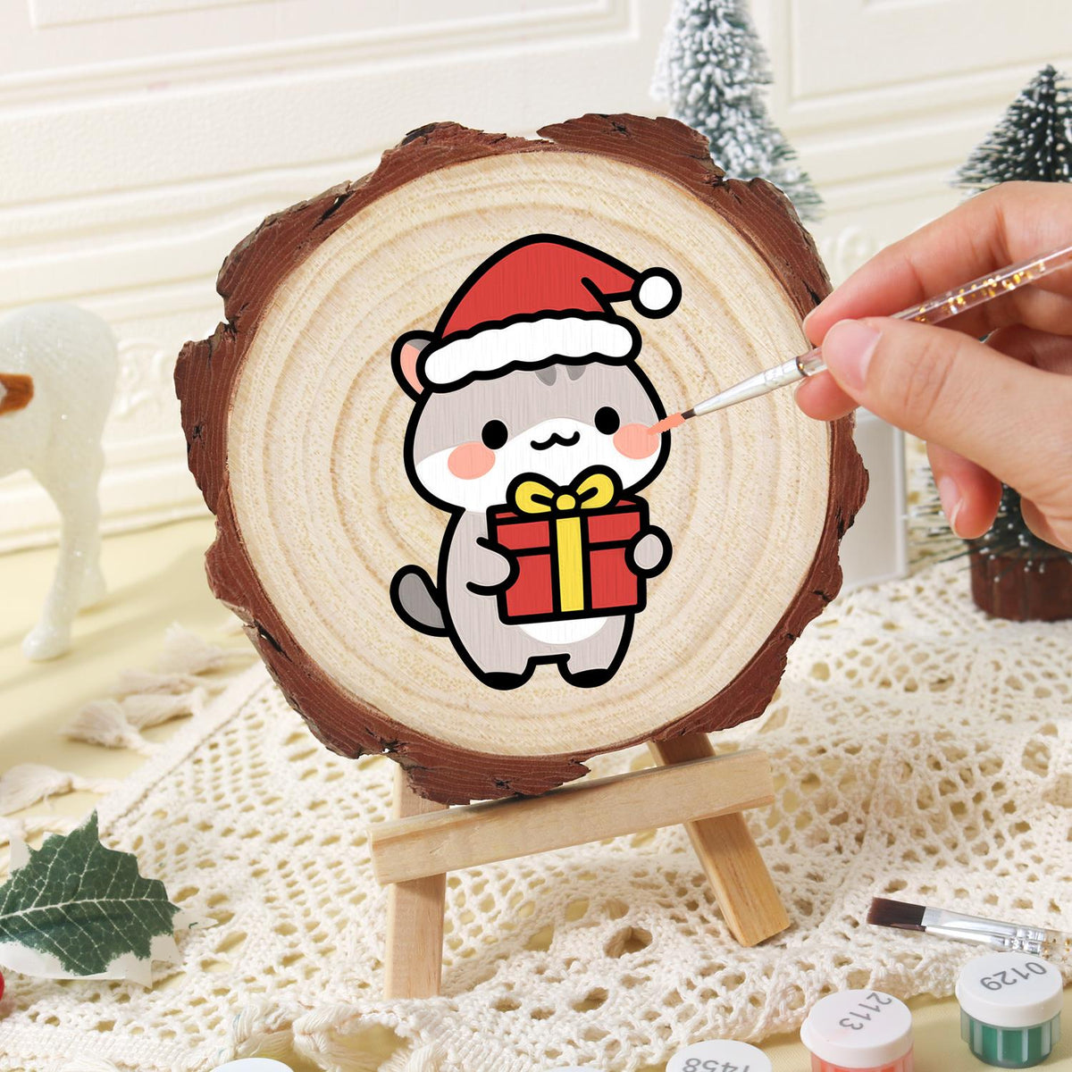 Grey Kitten Carrying a Gift paint by numbers wood slice – image 16