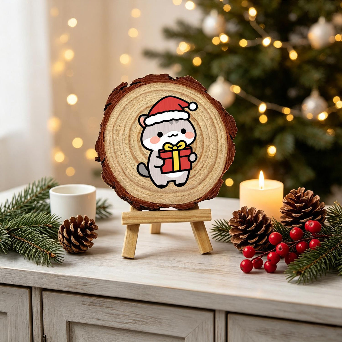 Grey Kitten Carrying a Gift paint by numbers wood slice – image 19