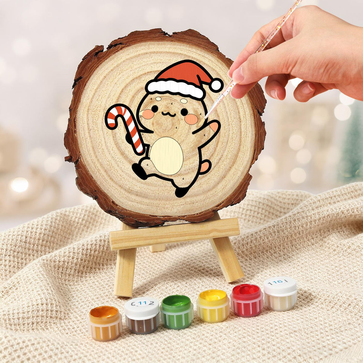 Skipping Cub with a Candy Cane paint by numbers wood slice – image 5