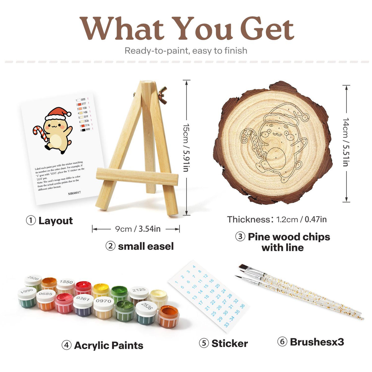 Skipping Cub with a Candy Cane paint by numbers wood slice – what's in the kit: the pine slice, easel, numbered paints, brushes and layout sheet
