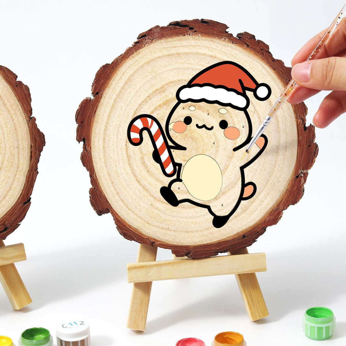 Skipping Cub with a Candy Cane paint by numbers wood slice – image 13