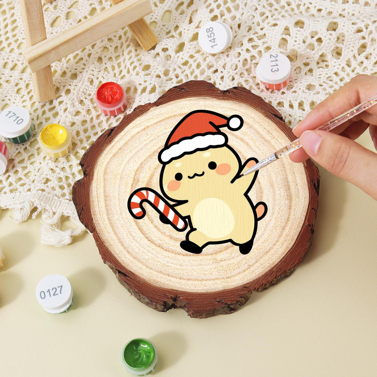Skipping Cub with a Candy Cane paint by numbers wood slice – image 15