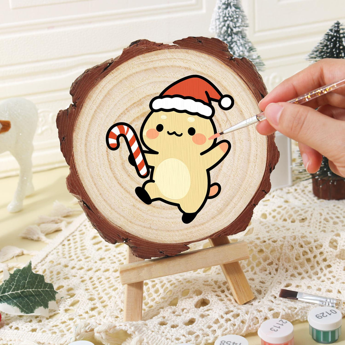 Skipping Cub with a Candy Cane paint by numbers wood slice – image 16
