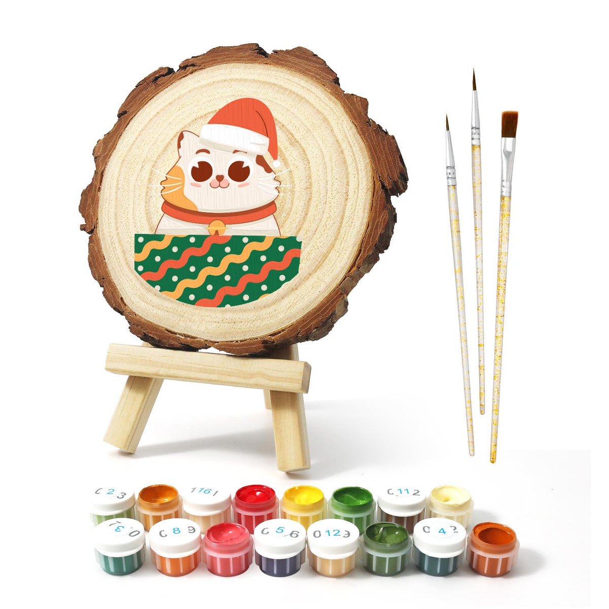 Bell-Collar Cat in a Santa Hat paint by numbers wood slice – image 2