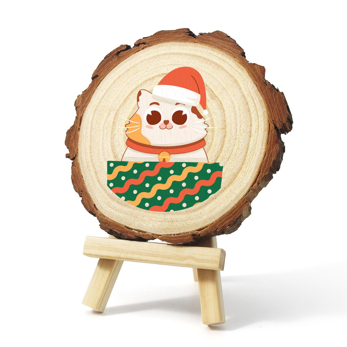 Bell-Collar Cat in a Santa Hat paint by numbers wood slice – image 3