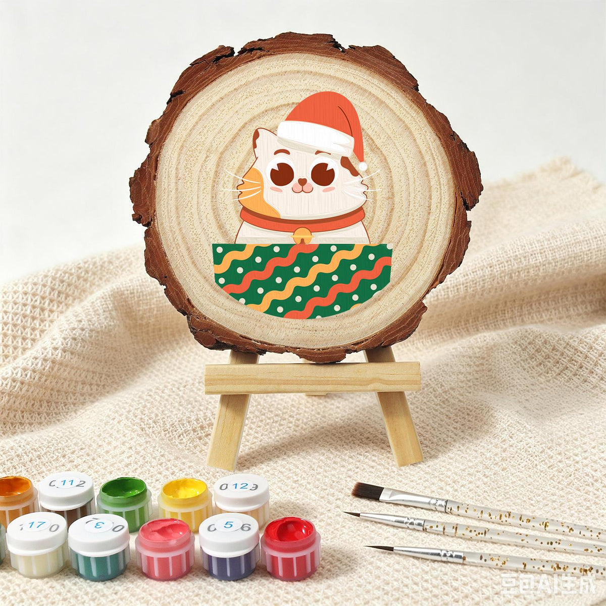Bell-Collar Cat in a Santa Hat paint by numbers wood slice – image 4