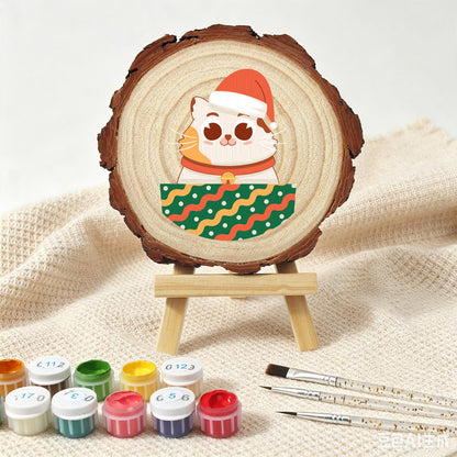 Bell-Collar Cat in a Santa Hat paint by numbers wood slice – image 4