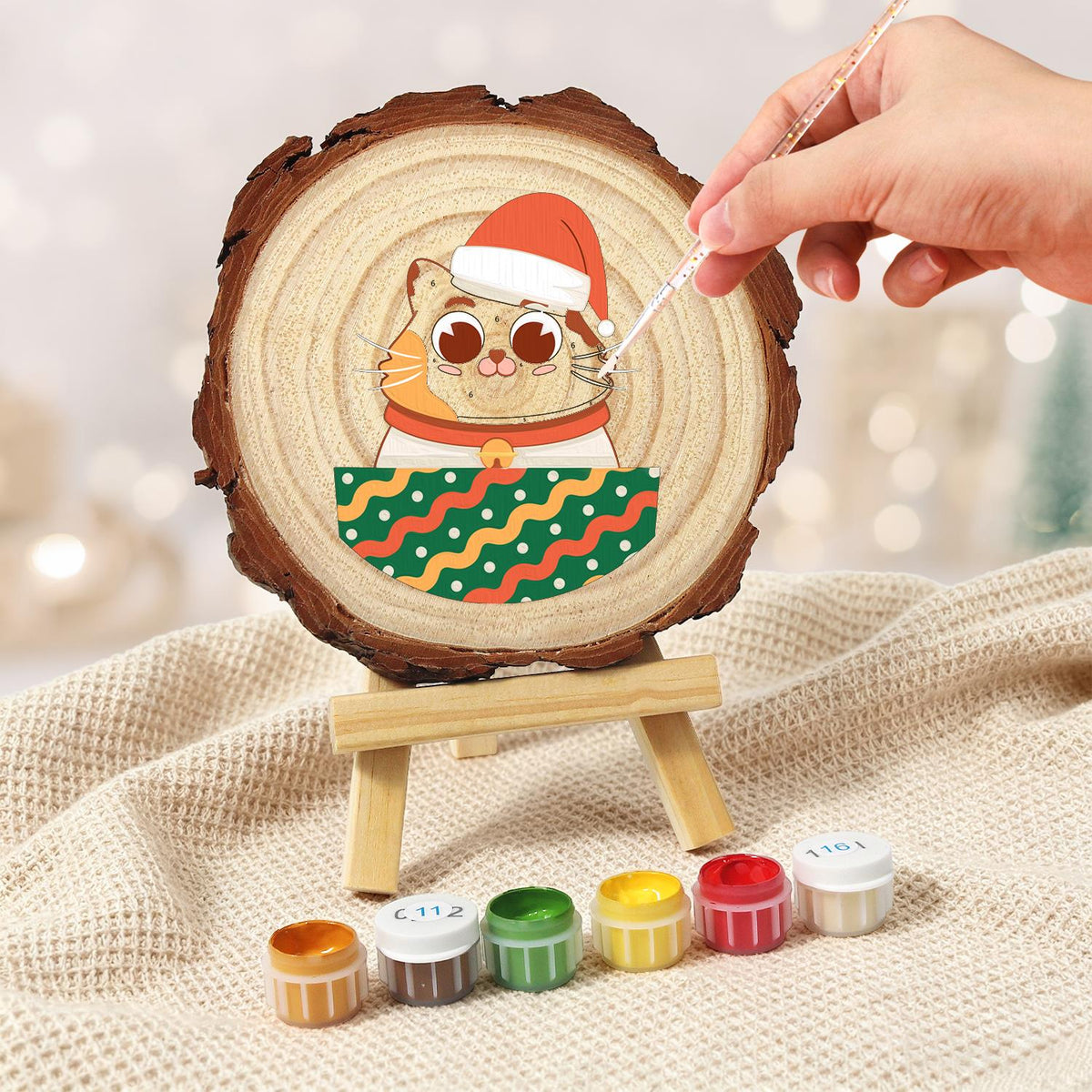 Bell-Collar Cat in a Santa Hat paint by numbers wood slice – image 5