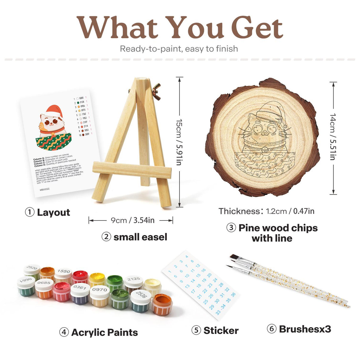 Bell-Collar Cat in a Santa Hat paint by numbers wood slice – what's in the kit: the pine slice, easel, numbered paints, brushes and layout sheet
