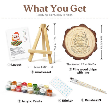 Bell-Collar Cat in a Santa Hat paint by numbers wood slice – what's in the kit: the pine slice, easel, numbered paints, brushes and layout sheet