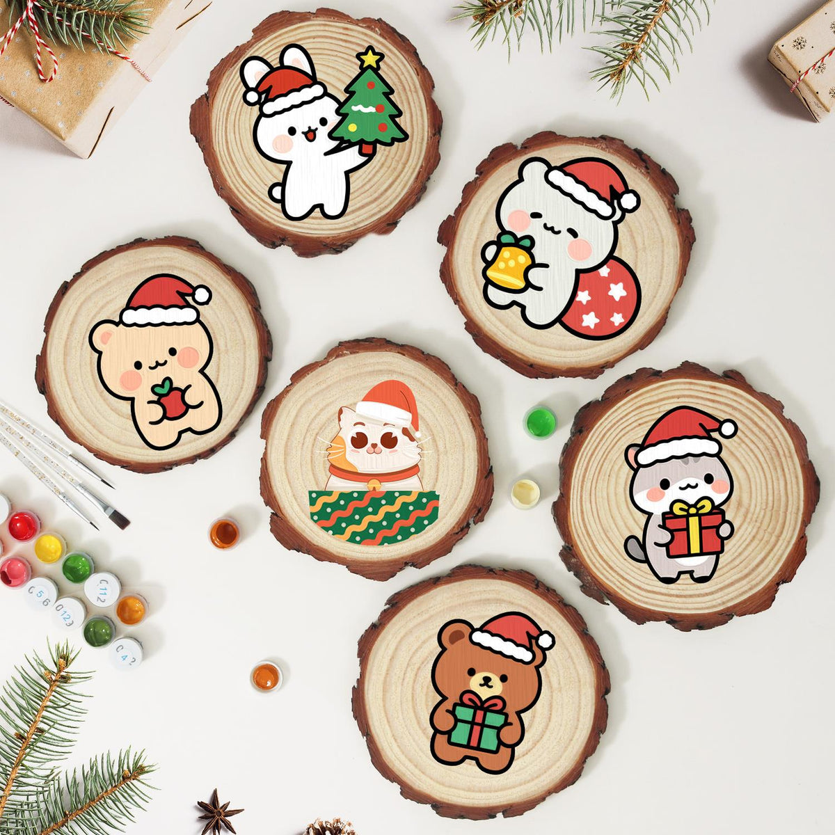 Bell-Collar Cat in a Santa Hat paint by numbers wood slice – image 10