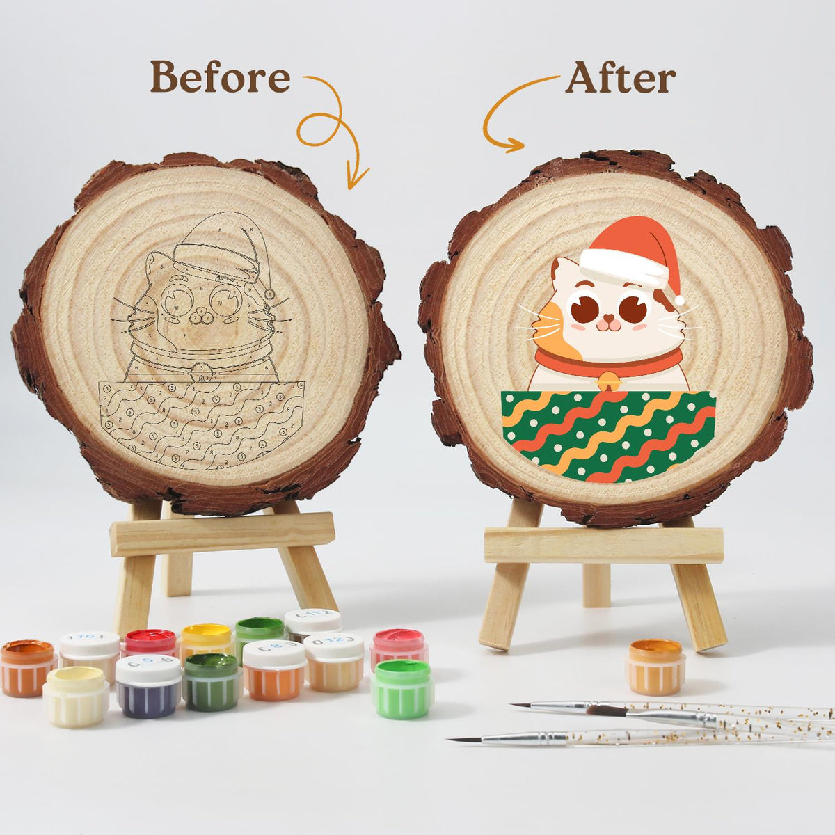 Bell-Collar Cat in a Santa Hat paint by numbers wood slice – image 12