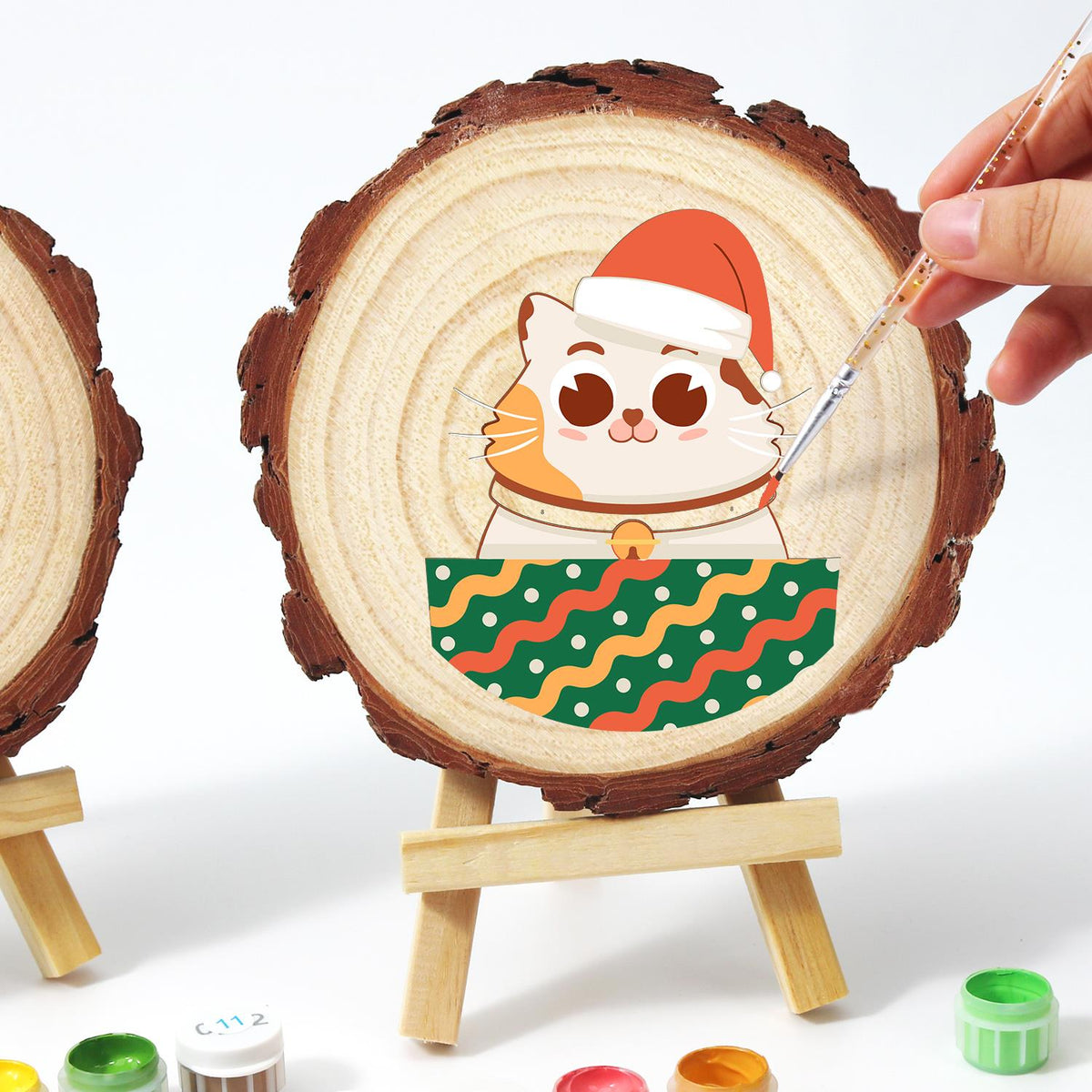 Bell-Collar Cat in a Santa Hat paint by numbers wood slice – image 13