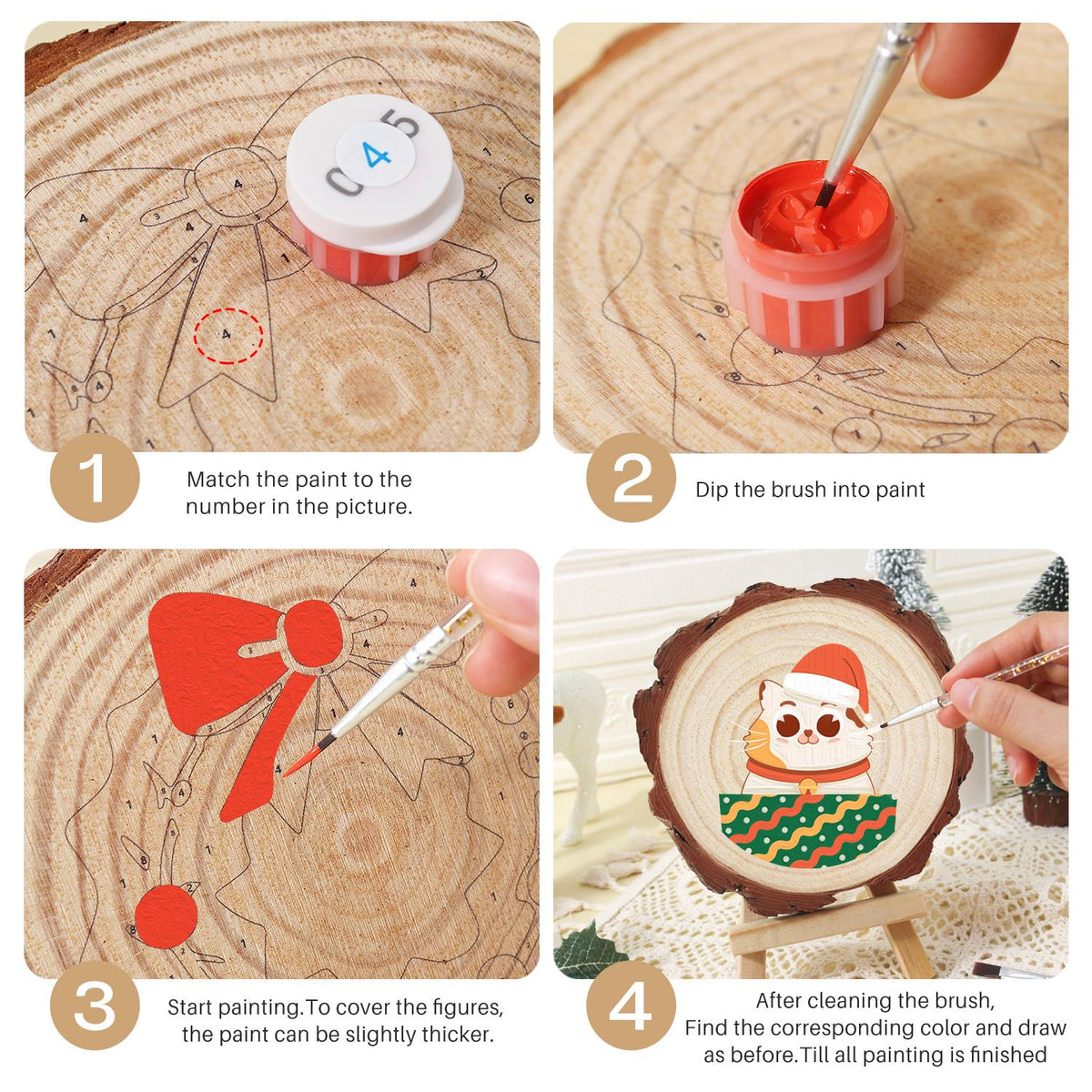 Bell-Collar Cat in a Santa Hat paint by numbers wood slice – image 17