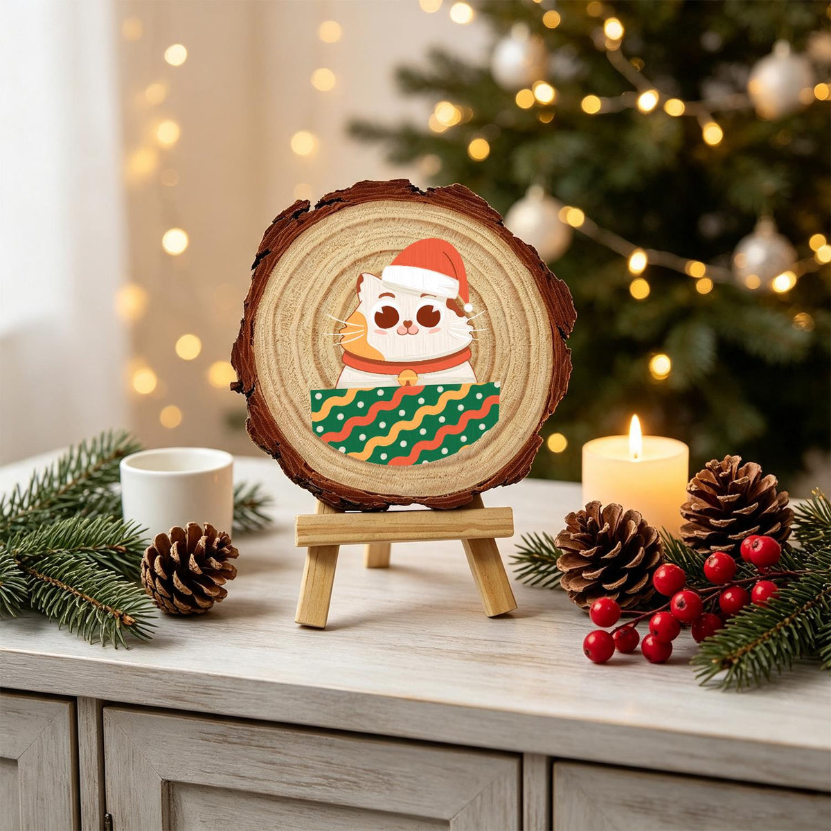 Bell-Collar Cat in a Santa Hat paint by numbers wood slice – image 19