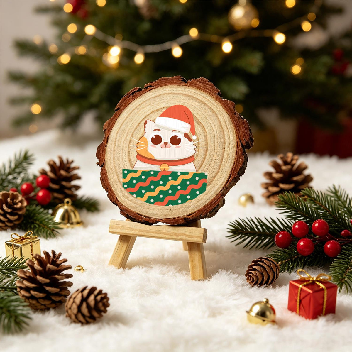 Bell-Collar Cat in a Santa Hat paint by numbers wood slice – image 21