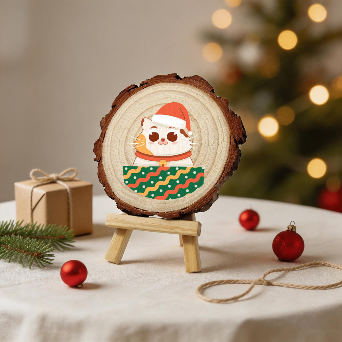 Bell-Collar Cat in a Santa Hat paint by numbers wood slice – image 24