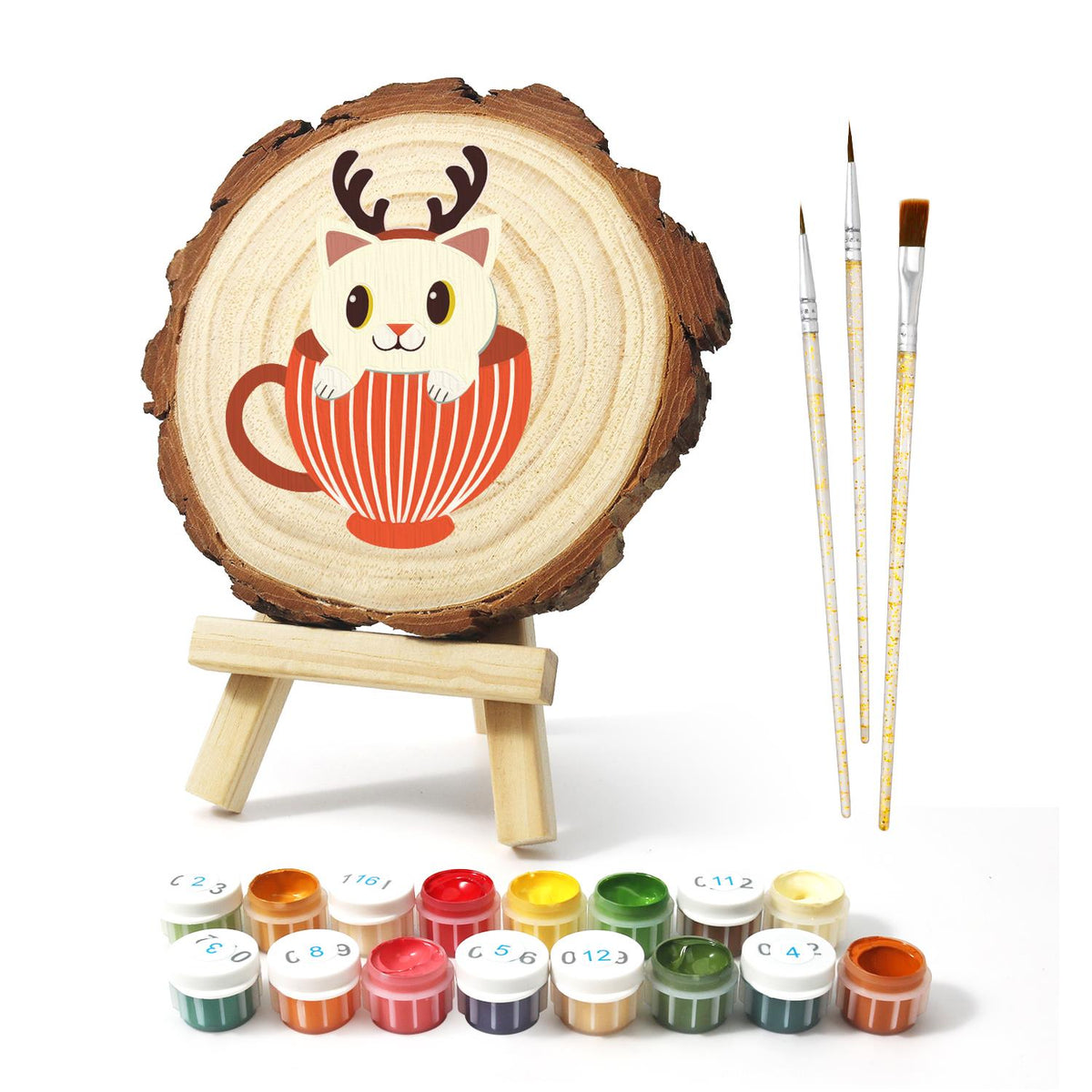 Reindeer Kitten in a Striped Cup paint by numbers wood slice – image 2