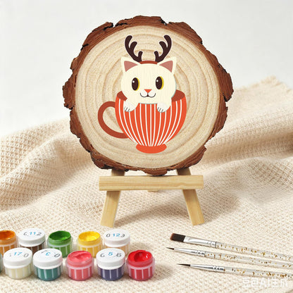 Reindeer Kitten in a Striped Cup paint by numbers wood slice – image 4