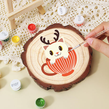 Reindeer Kitten in a Striped Cup paint by numbers wood slice – image 15