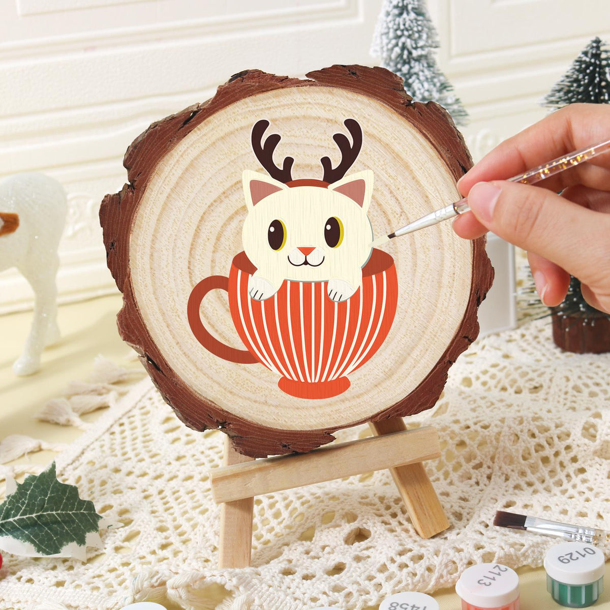 Reindeer Kitten in a Striped Cup paint by numbers wood slice – image 16