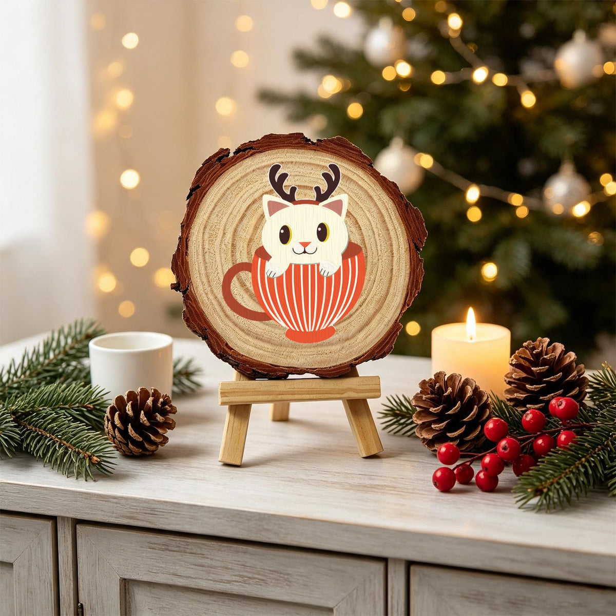 Reindeer Kitten in a Striped Cup paint by numbers wood slice – image 19
