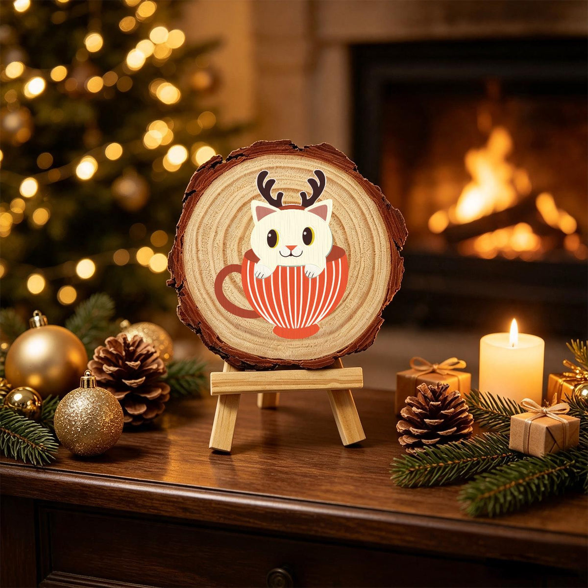 Reindeer Kitten in a Striped Cup paint by numbers wood slice – image 20