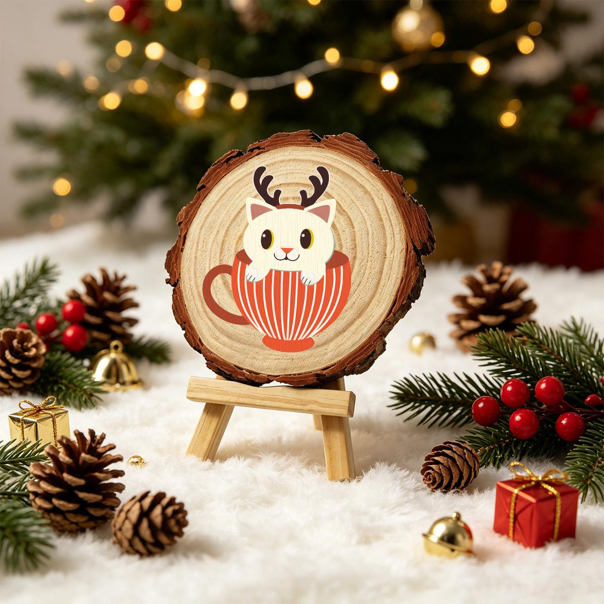 Reindeer Kitten in a Striped Cup paint by numbers wood slice – image 21