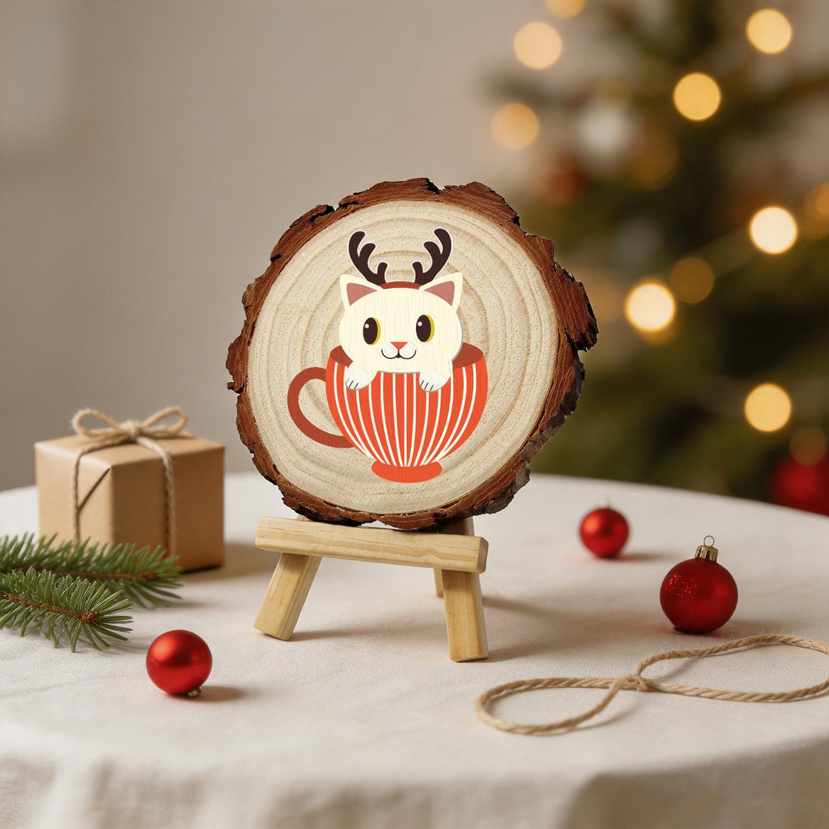 Reindeer Kitten in a Striped Cup paint by numbers wood slice – image 24