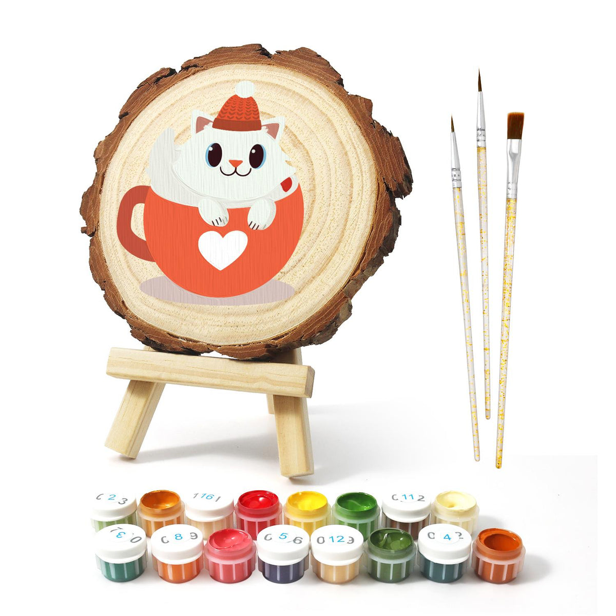 White Kitty in a Heart Mug paint by numbers wood slice – image 2