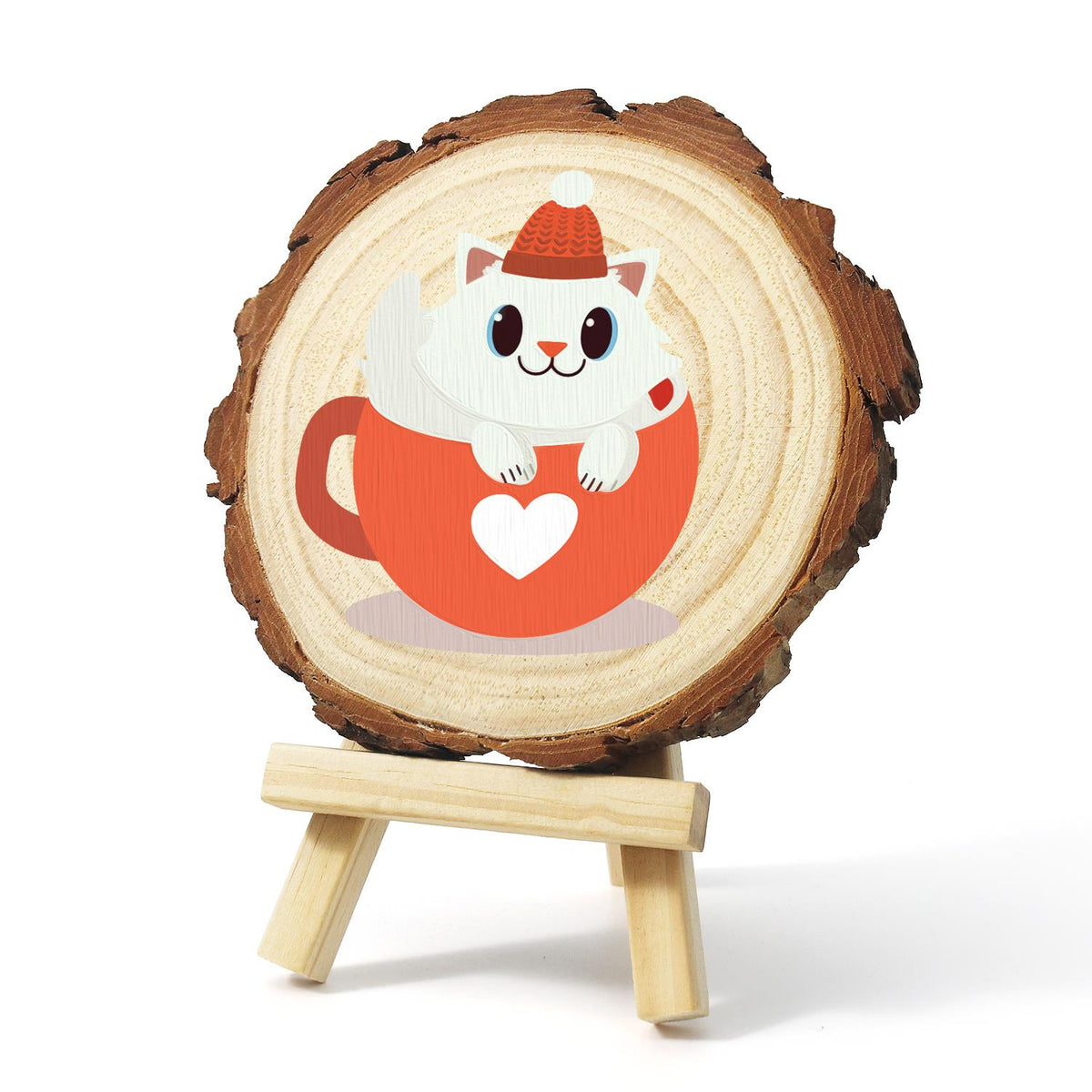 White Kitty in a Heart Mug paint by numbers wood slice – image 3