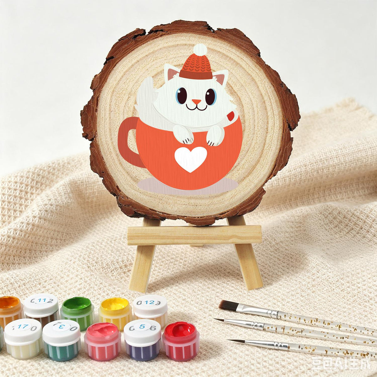 White Kitty in a Heart Mug paint by numbers wood slice – image 4