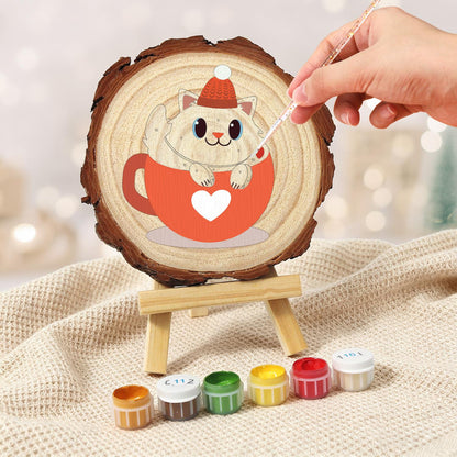 White Kitty in a Heart Mug paint by numbers wood slice – image 5