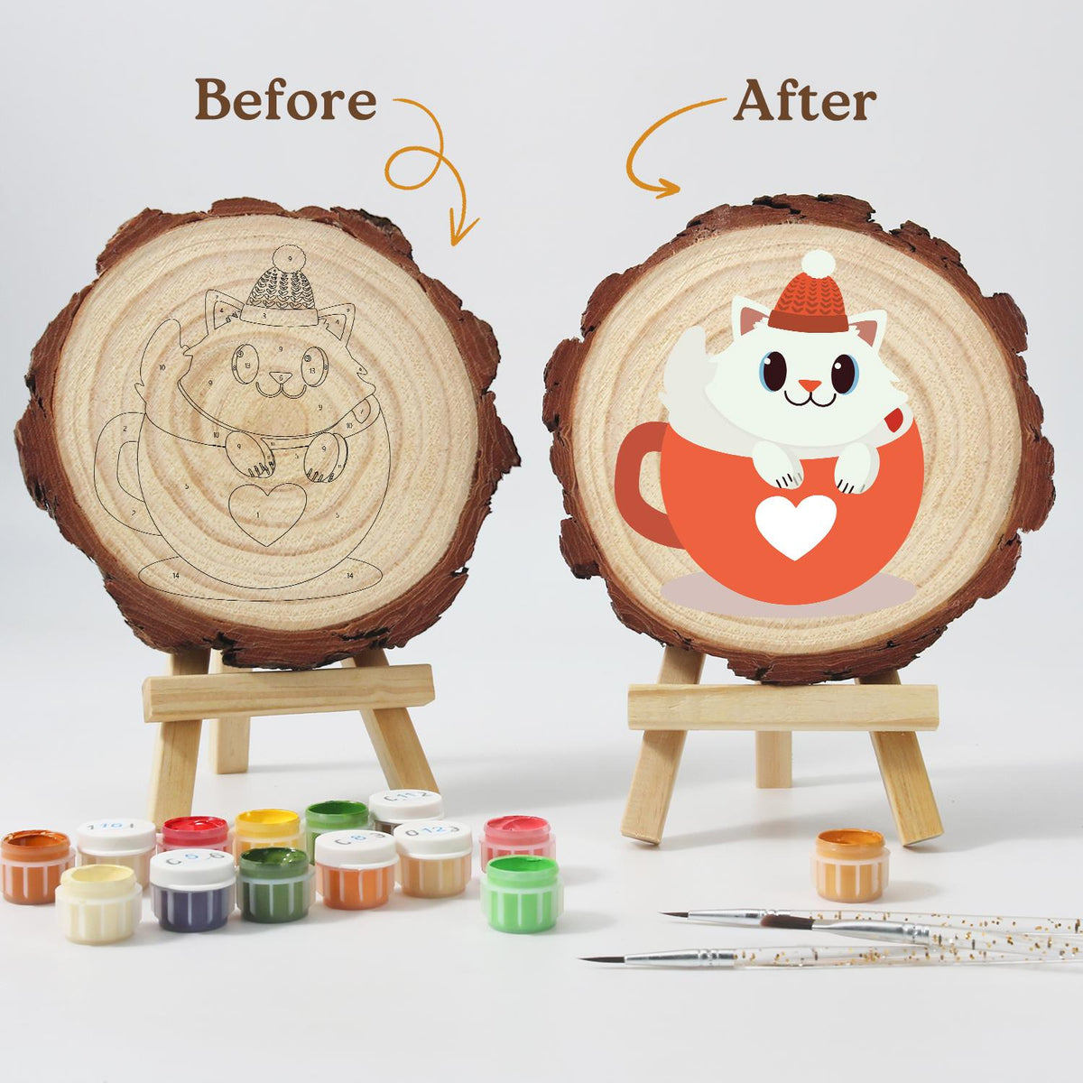 White Kitty in a Heart Mug paint by numbers wood slice – image 12