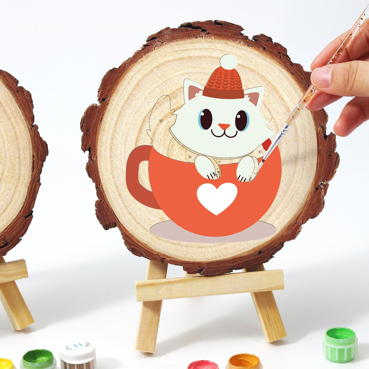 White Kitty in a Heart Mug paint by numbers wood slice – image 13