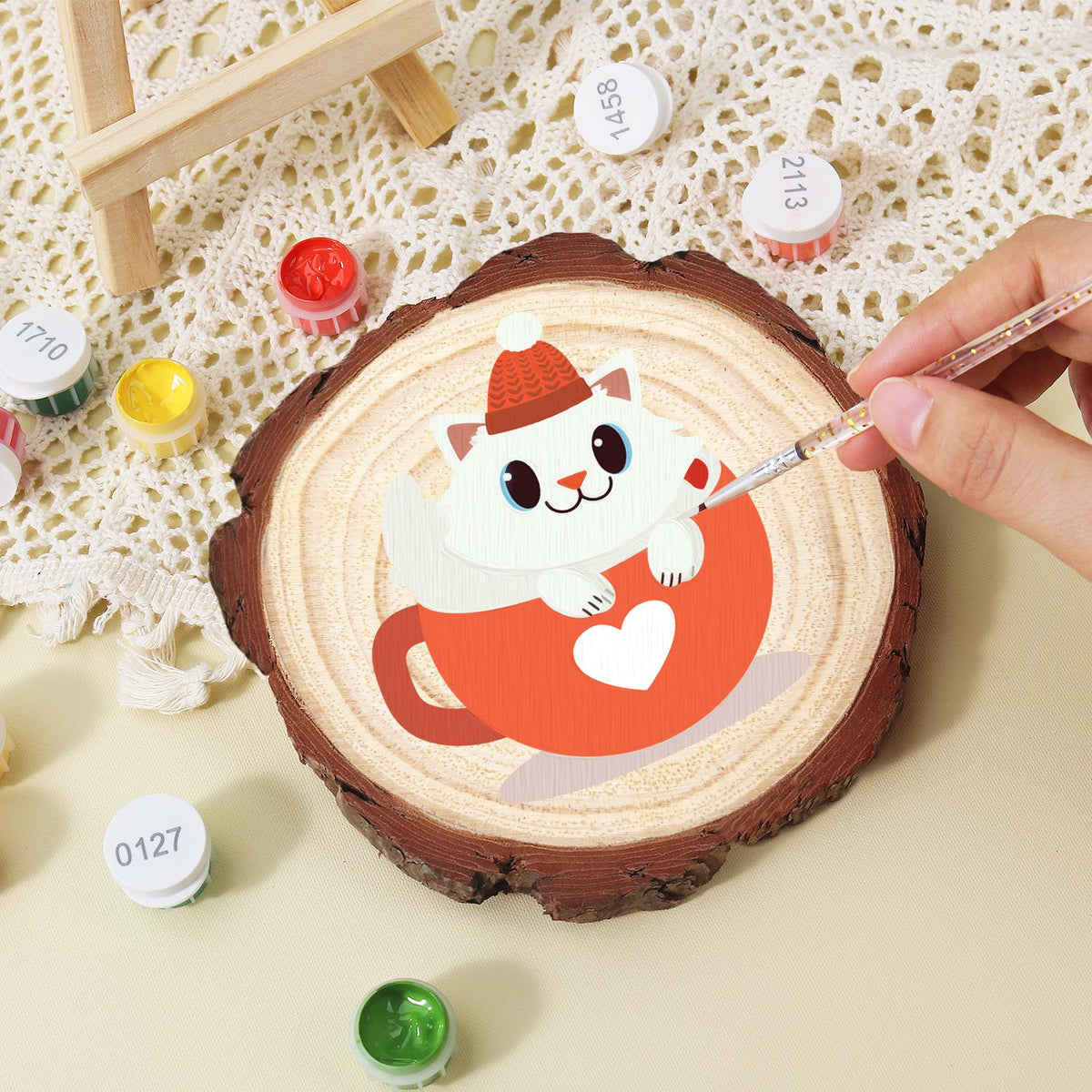 White Kitty in a Heart Mug paint by numbers wood slice – image 15