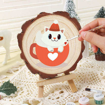 White Kitty in a Heart Mug paint by numbers wood slice – image 16