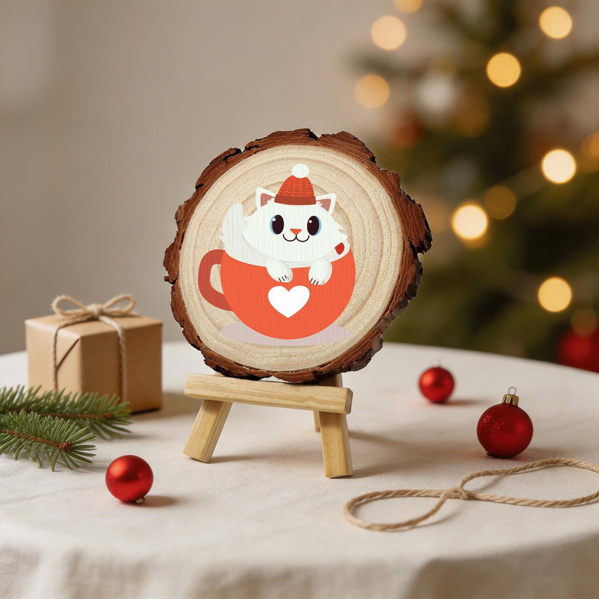 White Kitty in a Heart Mug paint by numbers wood slice – image 24