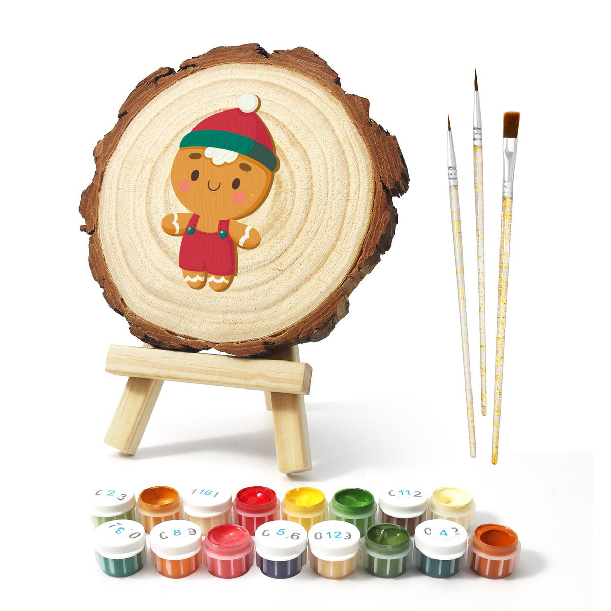 Gingerbread Boy in Red Overalls paint by numbers wood slice – image 2