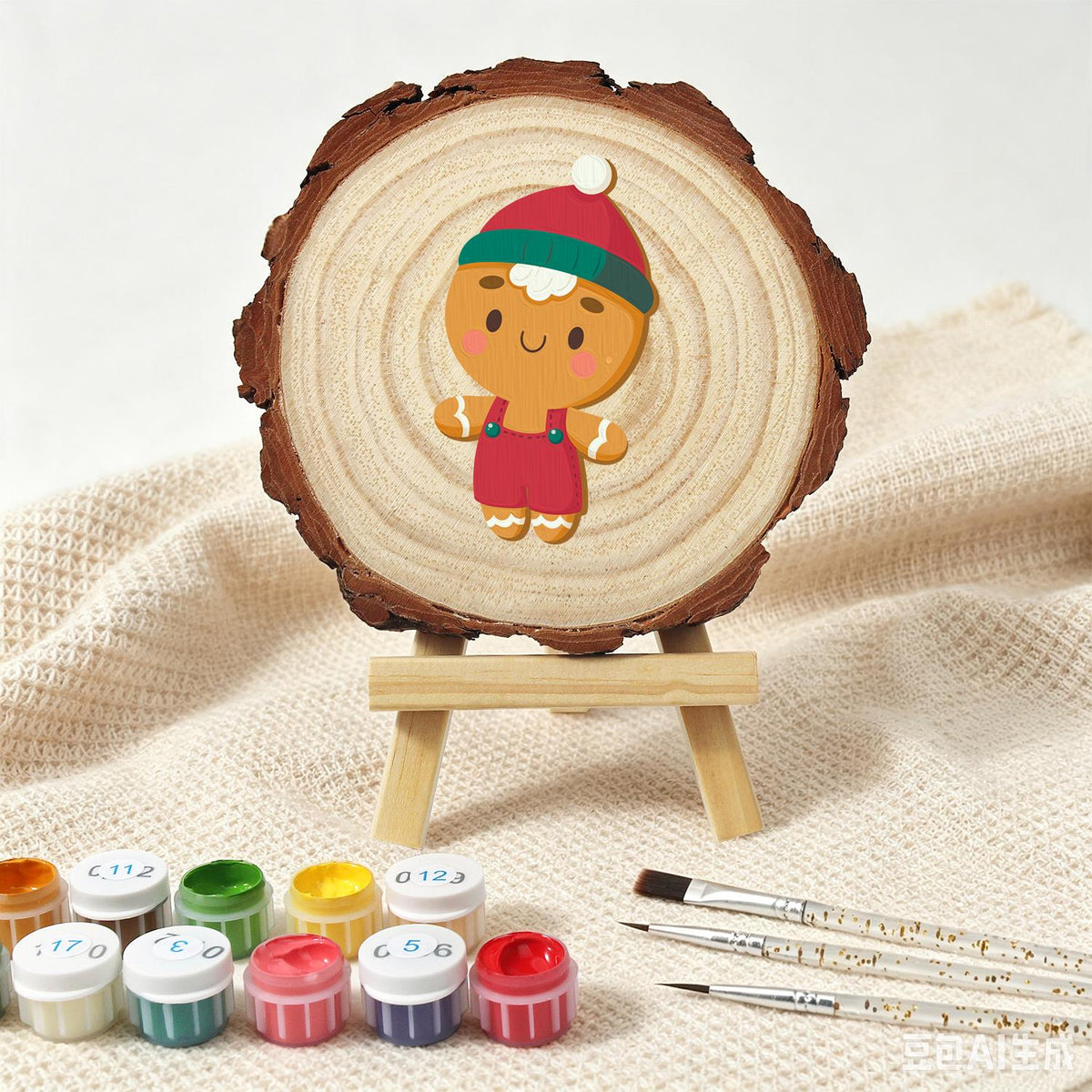 Gingerbread Boy in Red Overalls paint by numbers wood slice – image 4