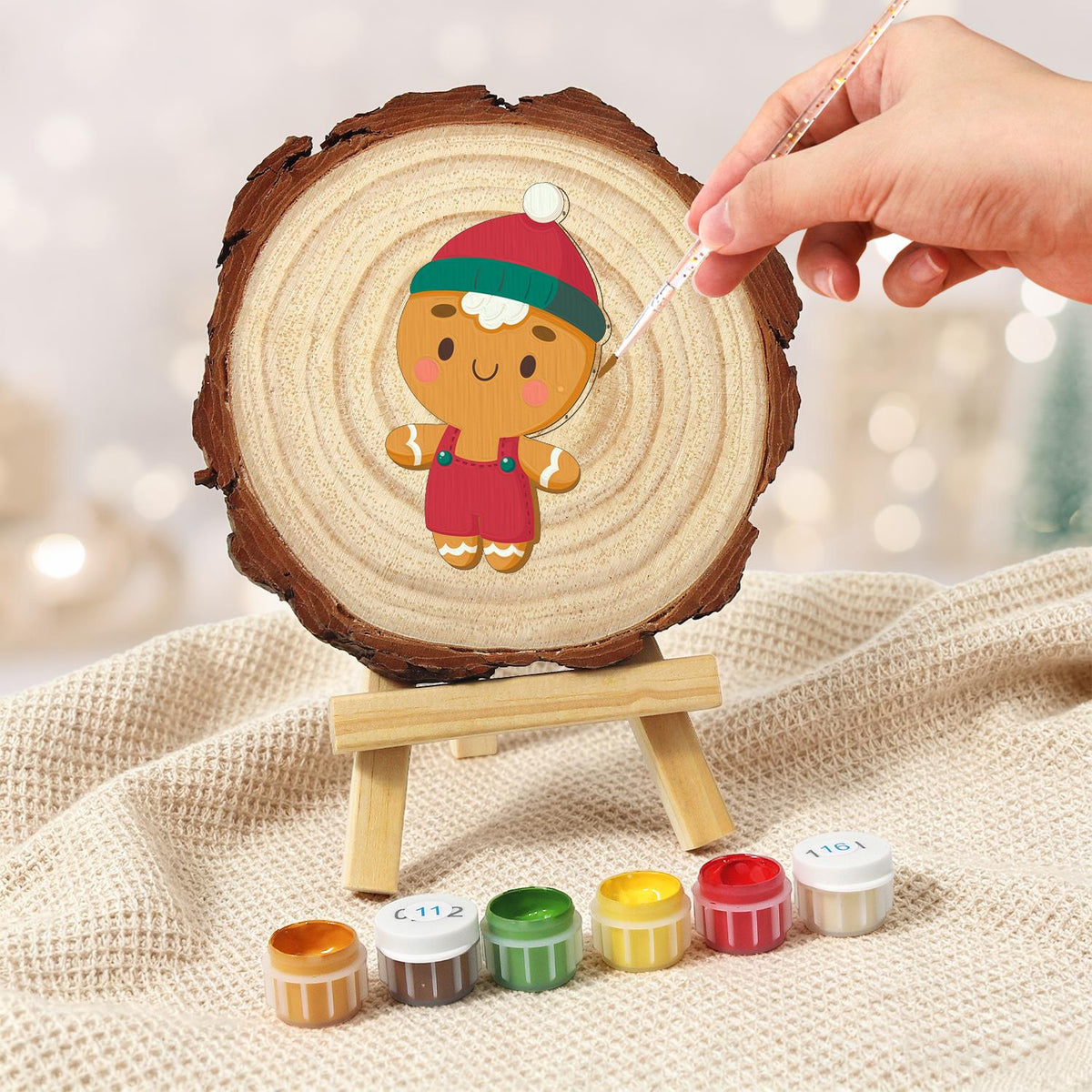 Gingerbread Boy in Red Overalls paint by numbers wood slice – image 5