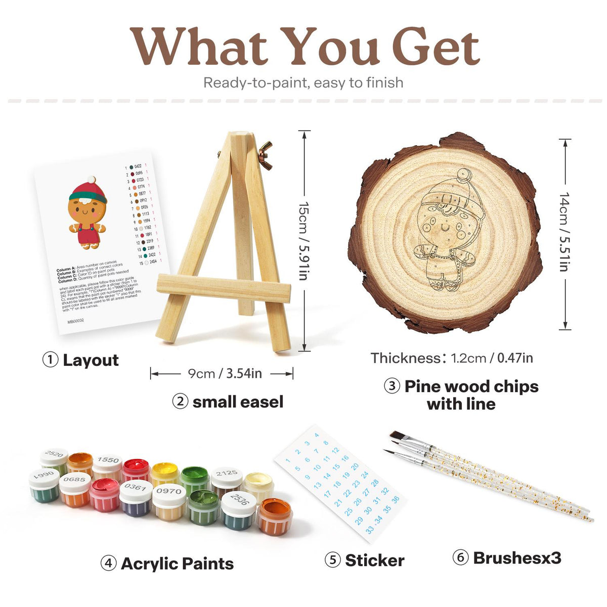 Gingerbread Boy in Red Overalls paint by numbers wood slice – what's in the kit: the pine slice, easel, numbered paints, brushes and layout sheet